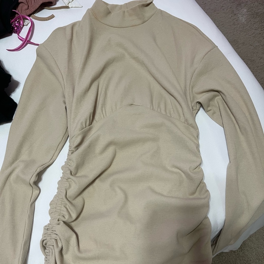 mock neck drawstring mini dress